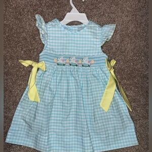 Stitchy Fish Blue Gingham Smocked Baby Dress with Yellow Bows